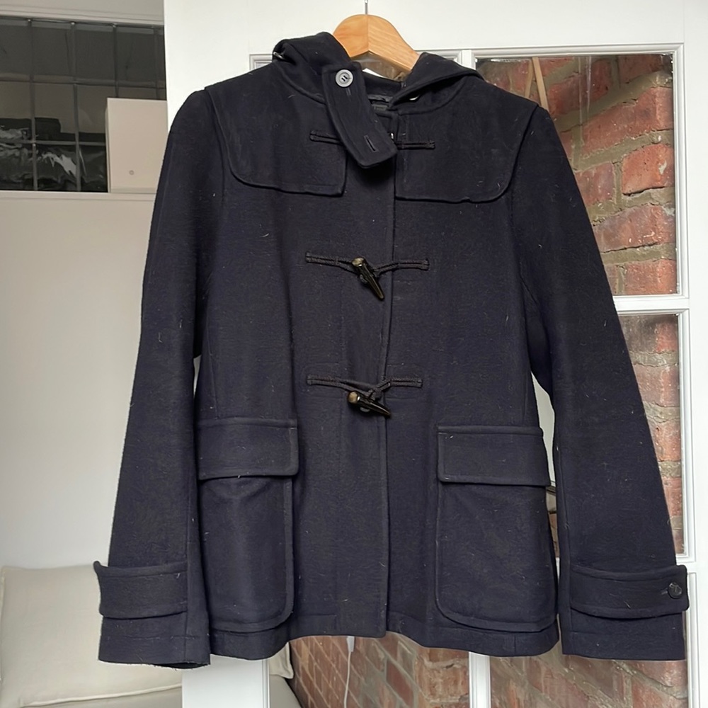 Navy blue wool duffle coat